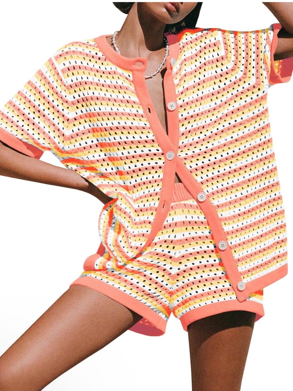 Womens Coral Multi-Striped Short Sleeve Cover Up Set